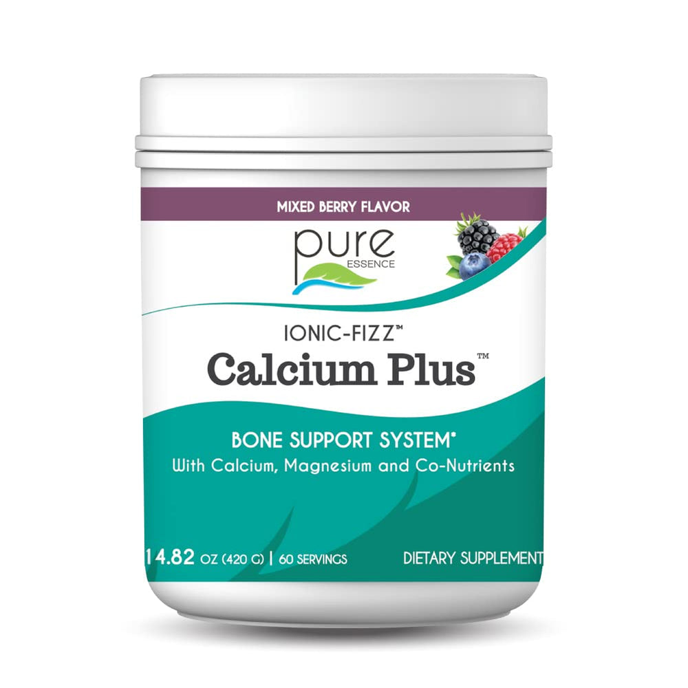 Pure Essence Labs Ionic Fizz Calcium Plus bottle with mixed berry flavor for bone support