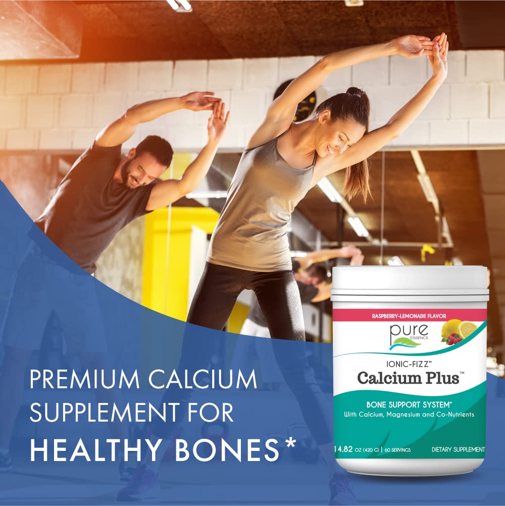 Pure Essence Labs Ionic Fizz Calcium Plus side view highlighting vitamin cofactors for bone formation.