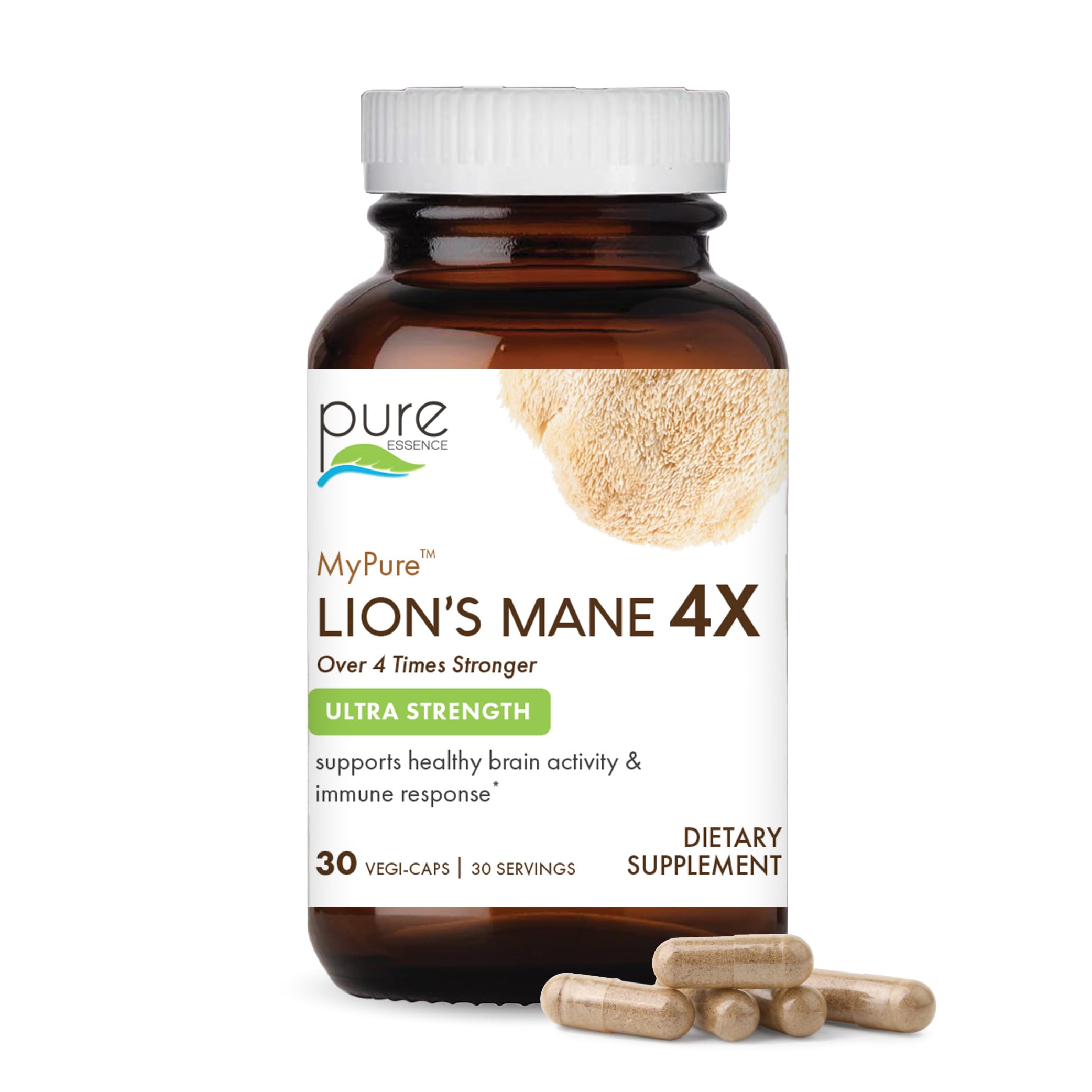 Pure Essence Labs MyPure Lion's Mane 4X bottle close-up for focus support.