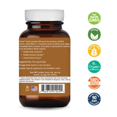 Pure Essence Labs MyPure Reishi bottle back shows organic certification and clean ingredients