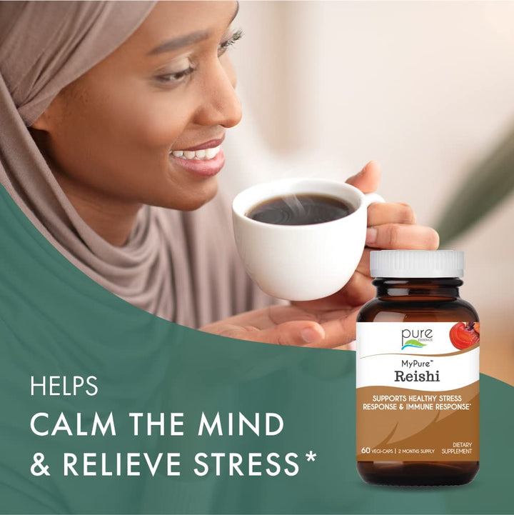 Pure Essence Labs MyPure Reishi capsules closeup suggesting daily energy and focus support