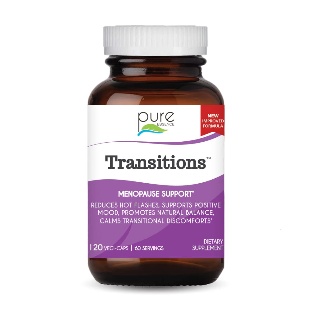 Pure Essence Labs Transitions bottle on a counter, suggesting hormone balance support.