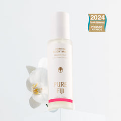 Pure Fiji hyaluronic acid face mist bottle helps plump skin and brighten the look.