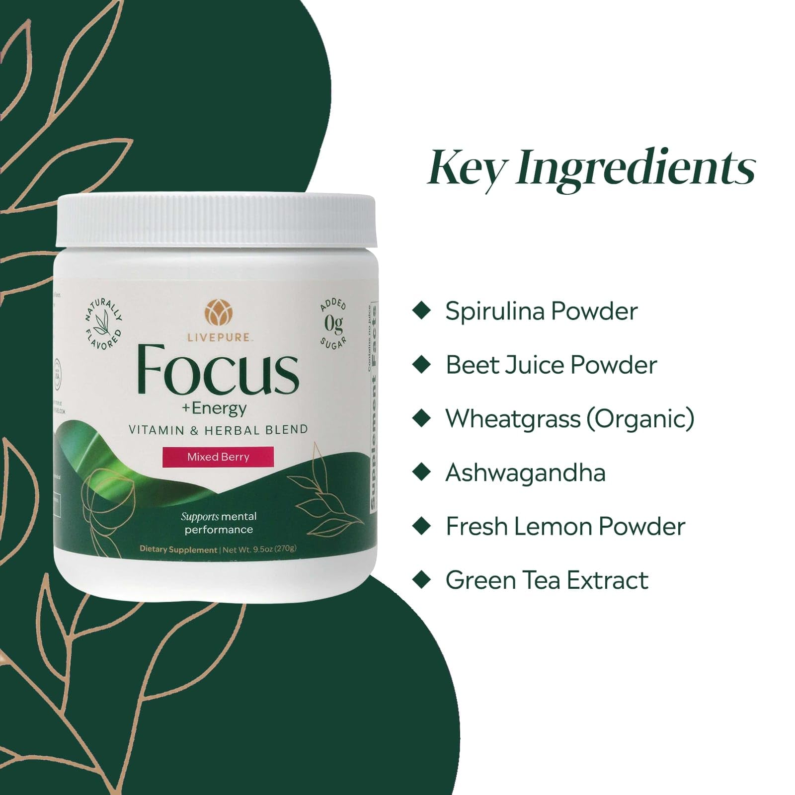 PURE Focus + Energy Drink Mix berry flavor pack shot, refreshing taste.