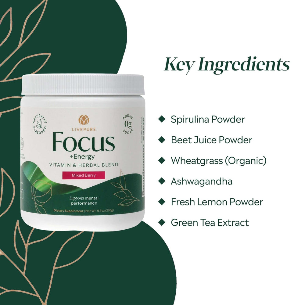 PURE Focus + Energy Drink Mix berry flavor pack shot, refreshing taste.