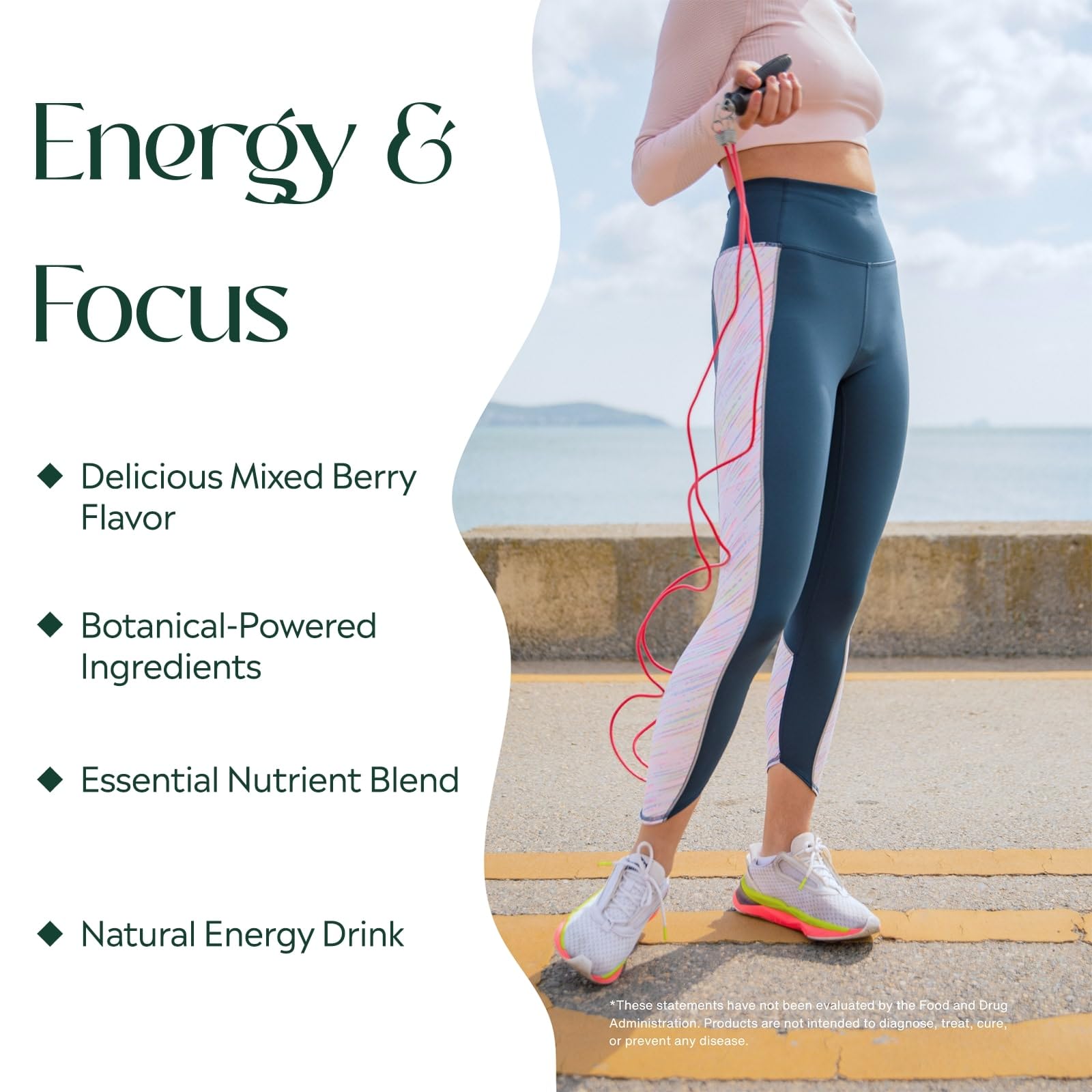 PURE Focus + Energy Drink Mix ingredients closeup, highlighting botanicals and vitamins.