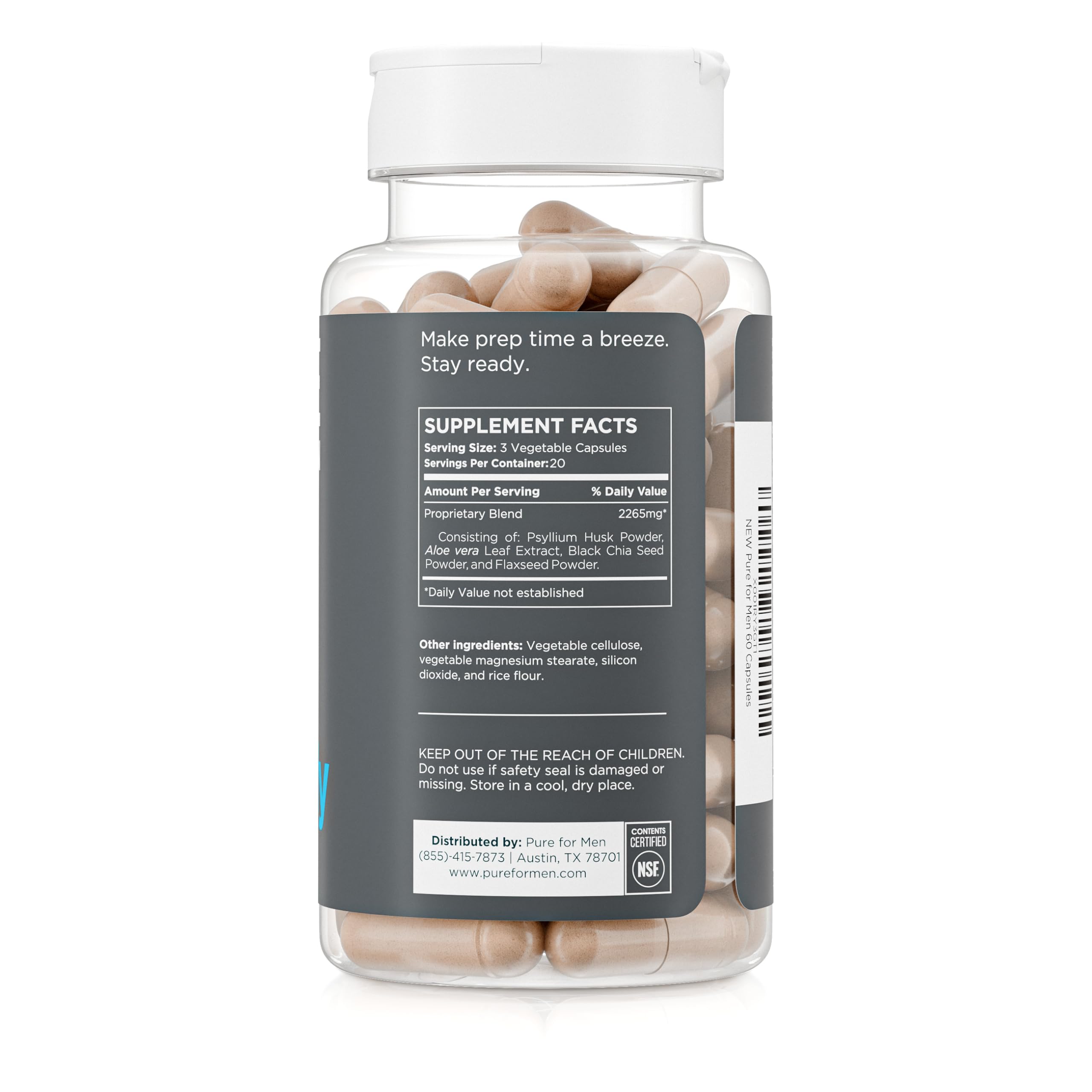 Pure for Men Stay Ready Fiber capsules close up highlighting plant-based ingredients.