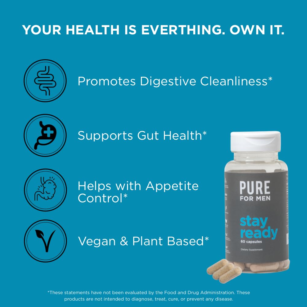 Pure for Men Stay Ready Fiber bottle with glass and water illustrating routine.