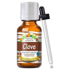 Pure Gold Clove Essential Oil in an amber bottle preserves purity and potency.