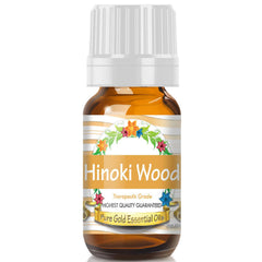 Pure Gold Hinoki Wood Essential Oil bottle with calming aroma for skin and home use