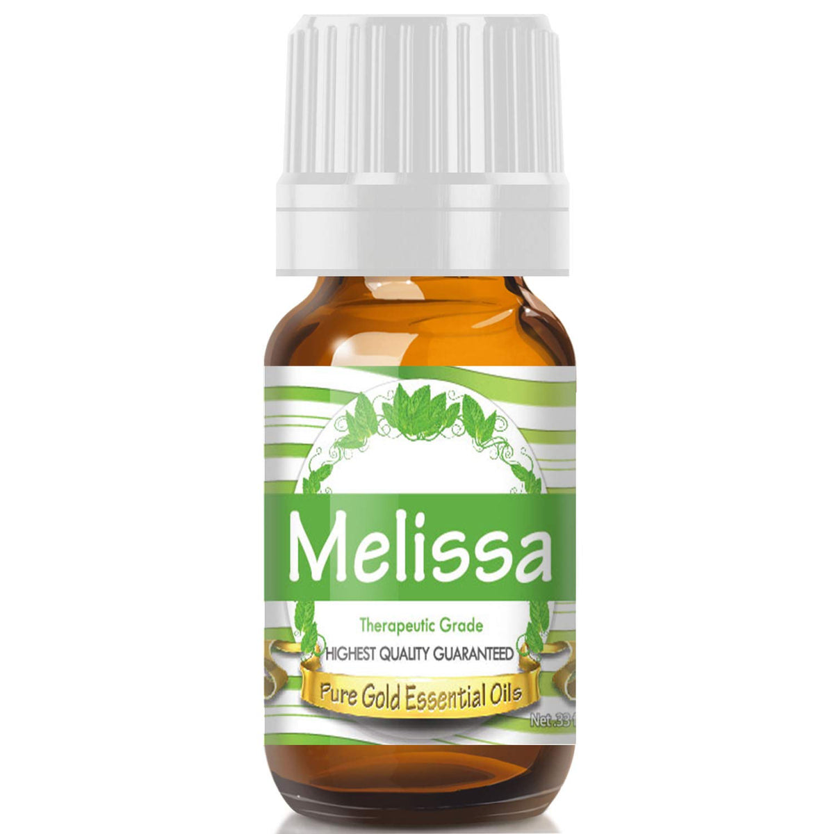 Pure Gold Melissa essential oil bottle for calming diffuser blends and relaxing spaces