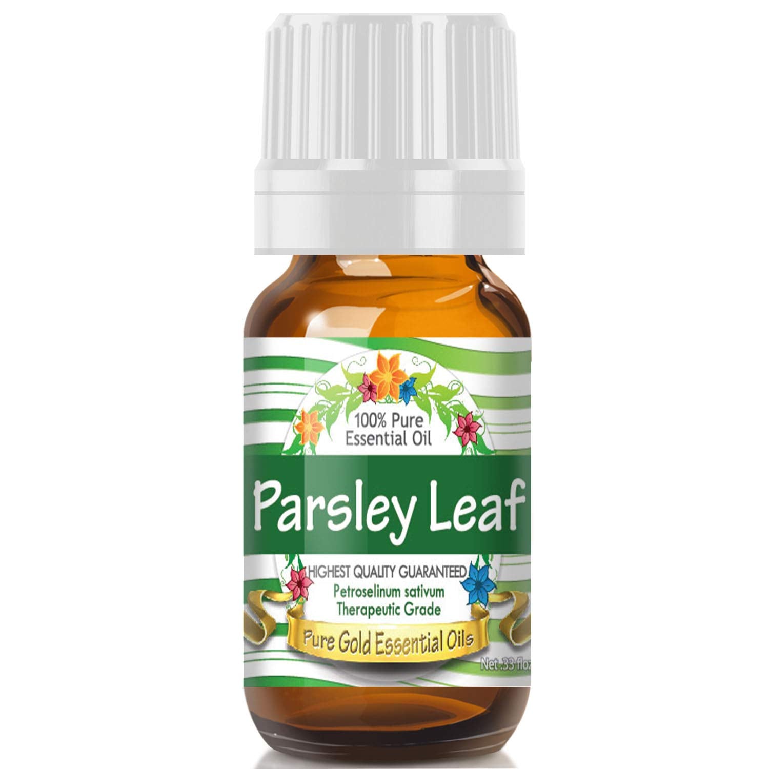 Pure Gold Parsley Leaf Essential Oil bottle pour for skin and hair care.