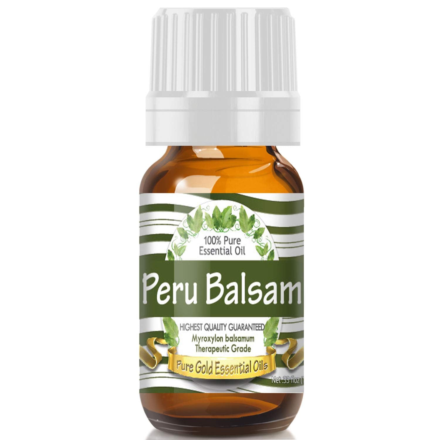 Pure Gold Peru Balsam essential oil bottle with dropper for easy, precise application.