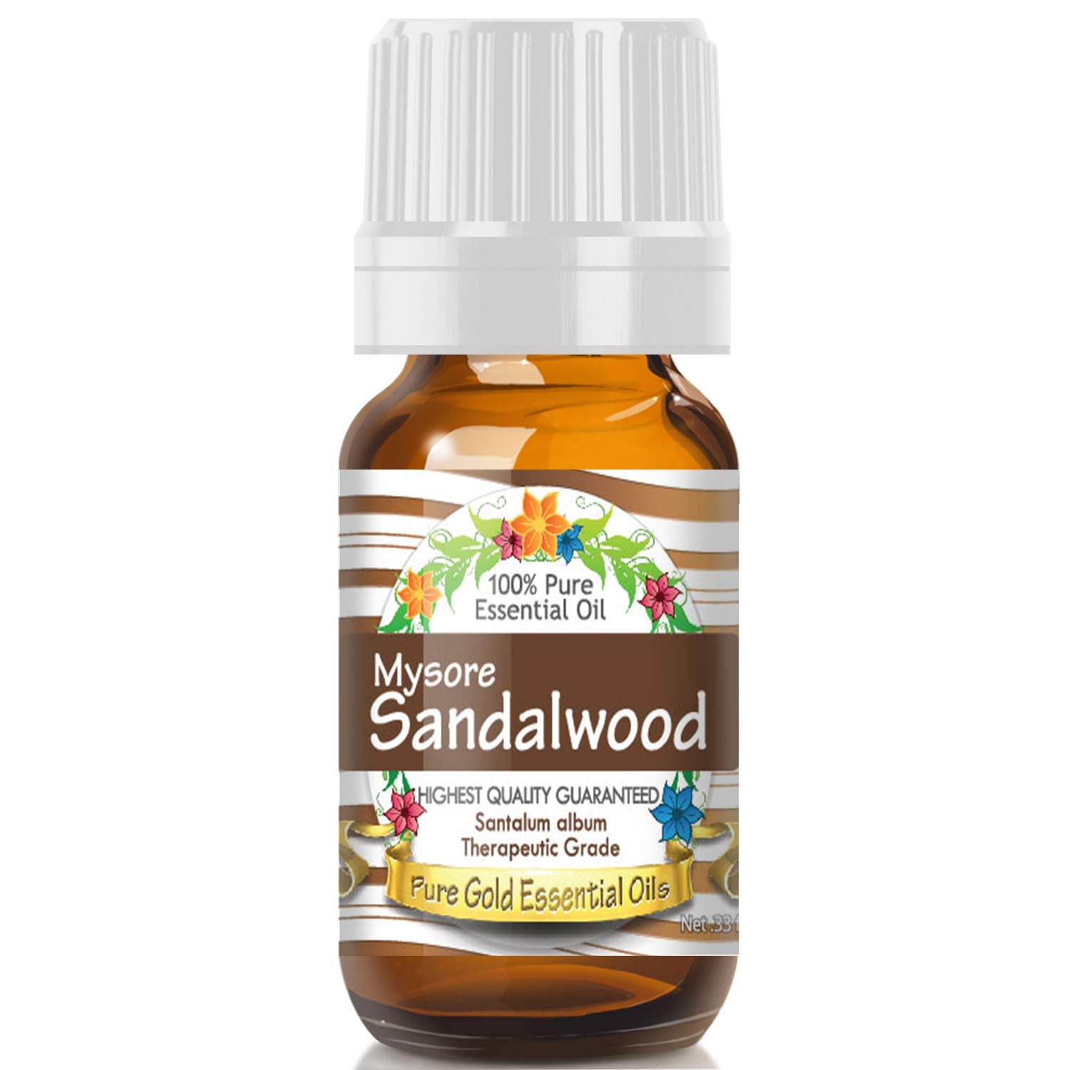 Pure Gold Sandalwood Mysore essential oil bottle pour for easy diffusion and relaxation.