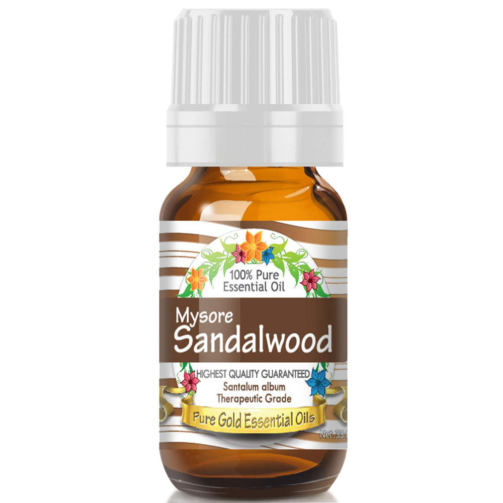 Pure Gold Sandalwood Mysore essential oil bottle pour for easy diffusion and relaxation.
