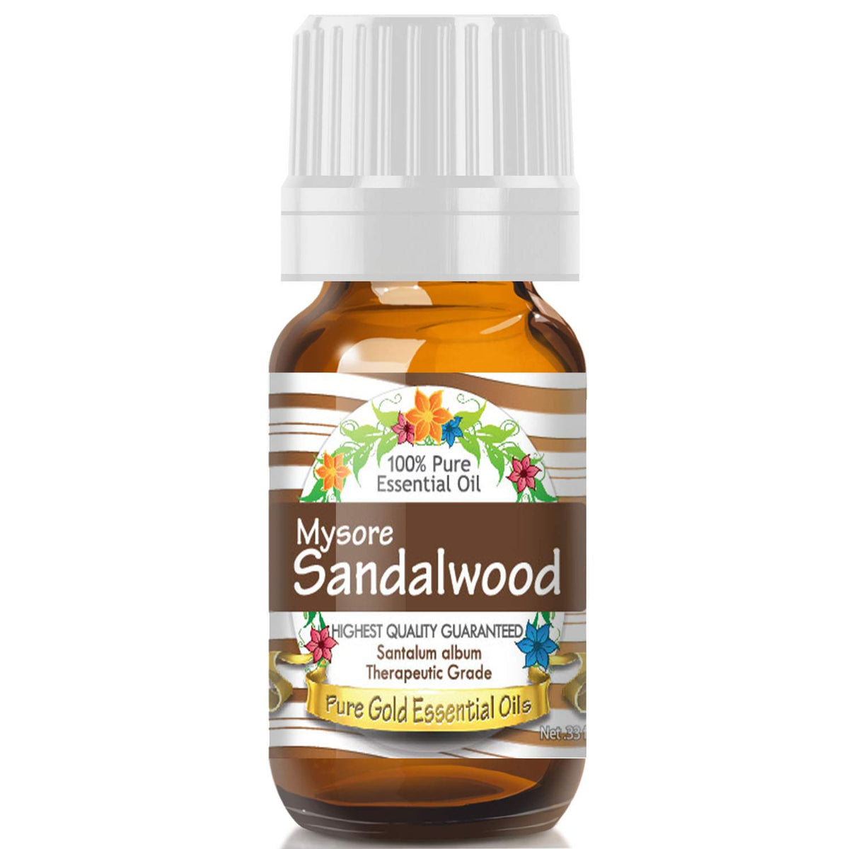 Pure Gold Sandalwood Mysore essential oil bottle pour for easy diffusion and relaxation.