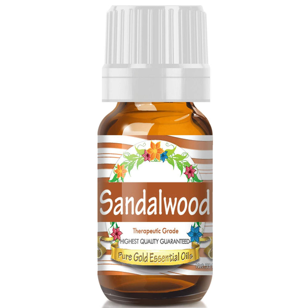 Pure Gold Sandalwood Essential Oil bottle with dropper for precise aromatherapy and skincare use.