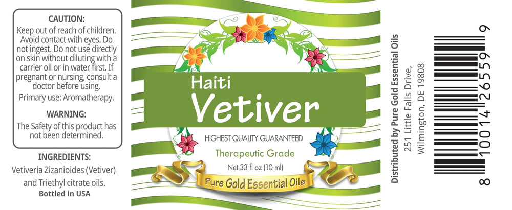 Pure Gold Vetiver Haitian essential oil in amber glass bottle protects potency and stores well.