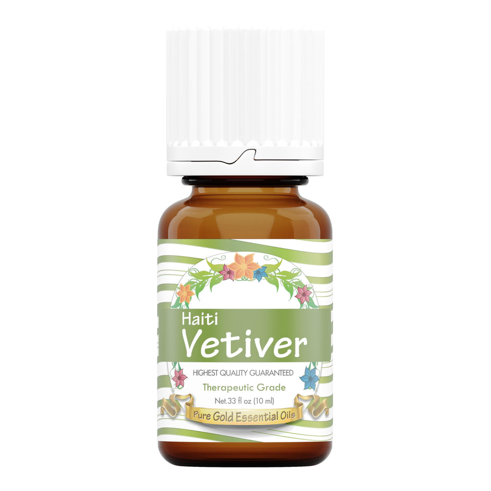 Pure Gold Vetiver Haitian essential oil bottle with dropper for precise application and dosing.