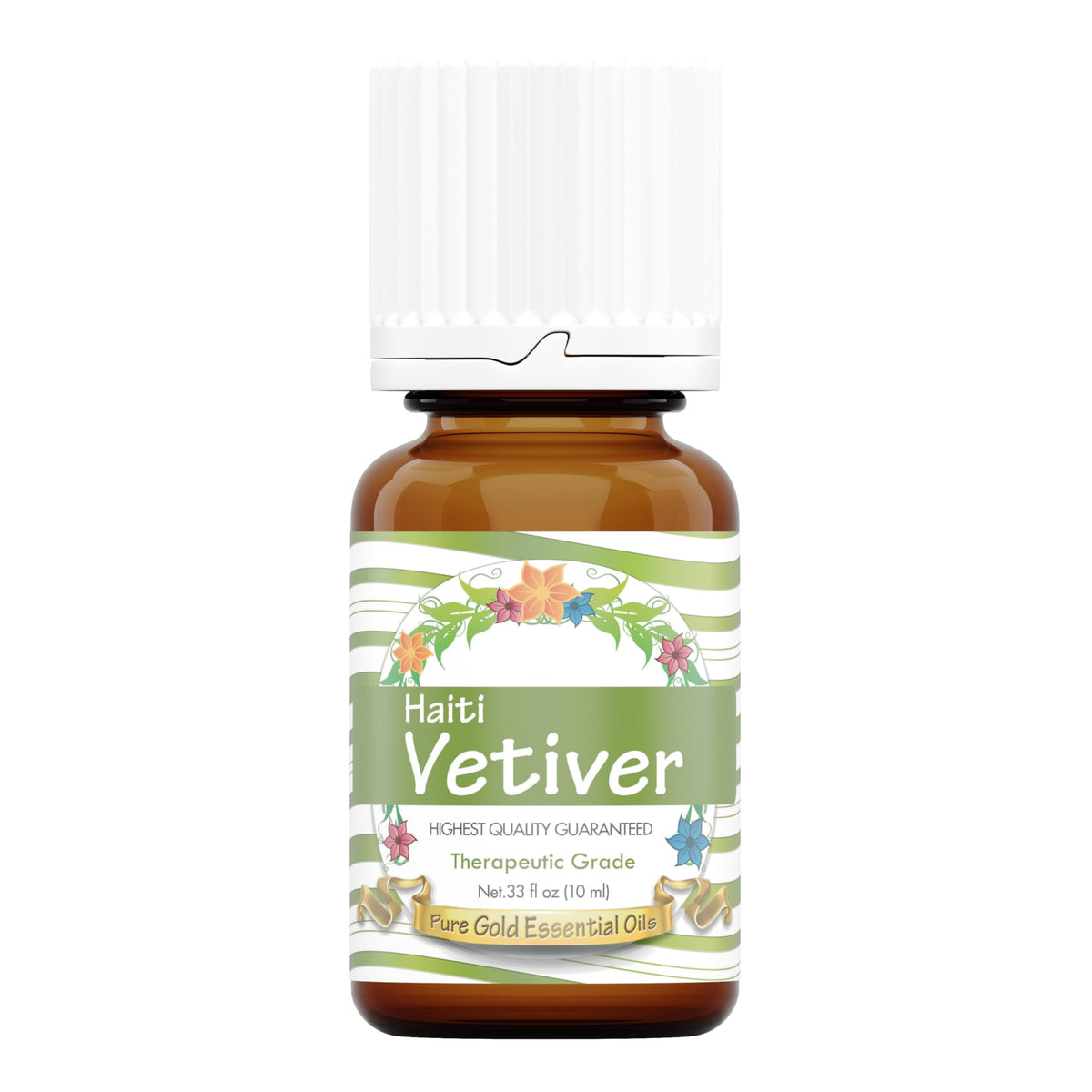 Pure Gold Vetiver Haitian essential oil bottle with dropper for precise application and dosing.
