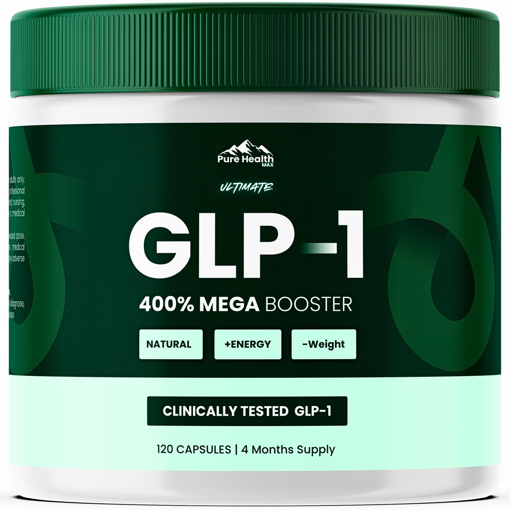 PURE HEALTH MAX GLP-1 bottle front showing a four month supply for daily energy.