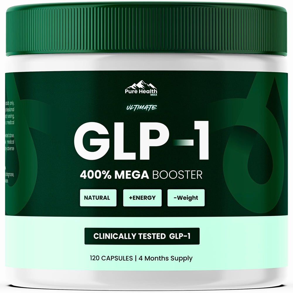 PURE HEALTH MAX GLP-1 bottle front showing a four month supply for daily energy.