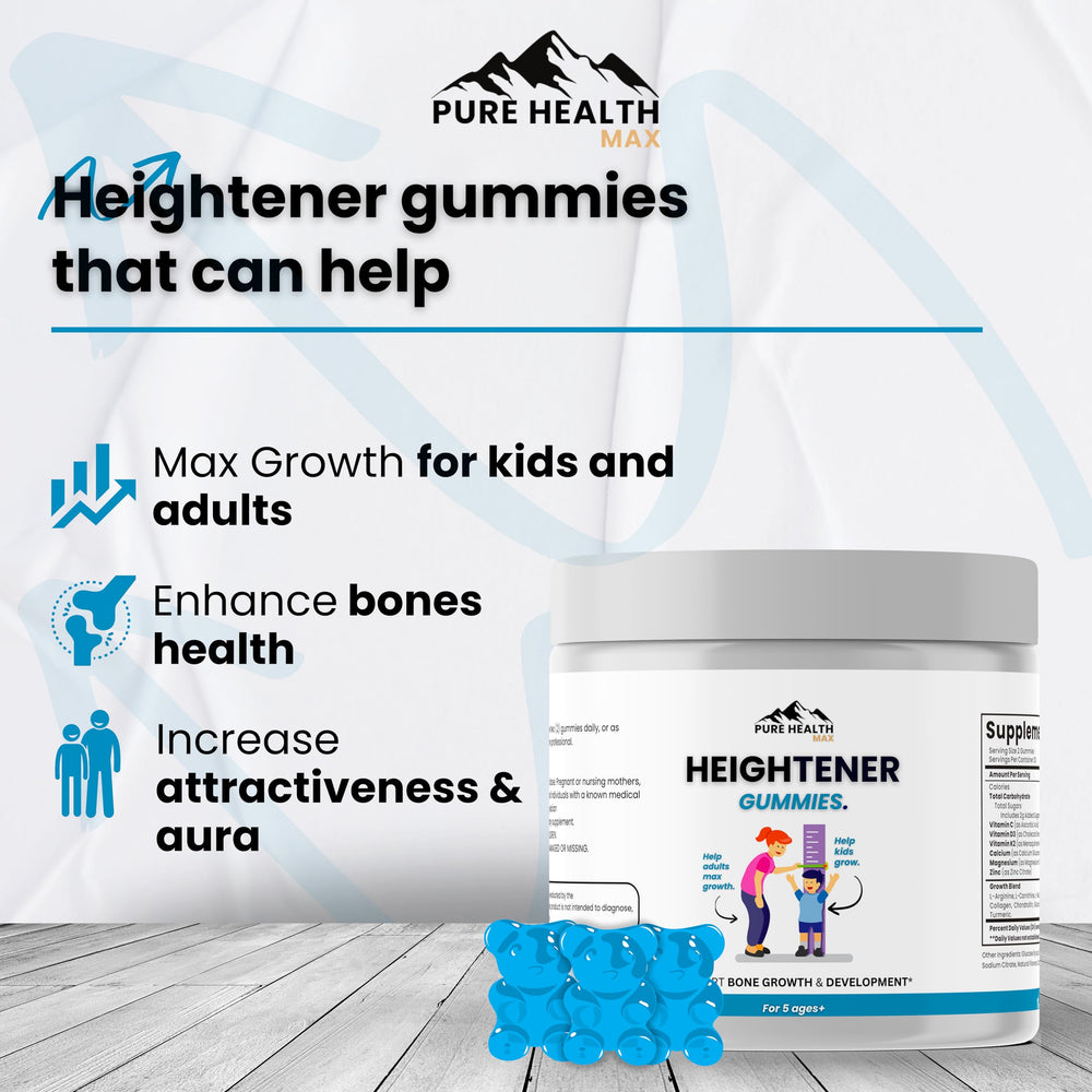 Pure Health Max Heightener Gummies close-up showing chewy texture and fruity taste.