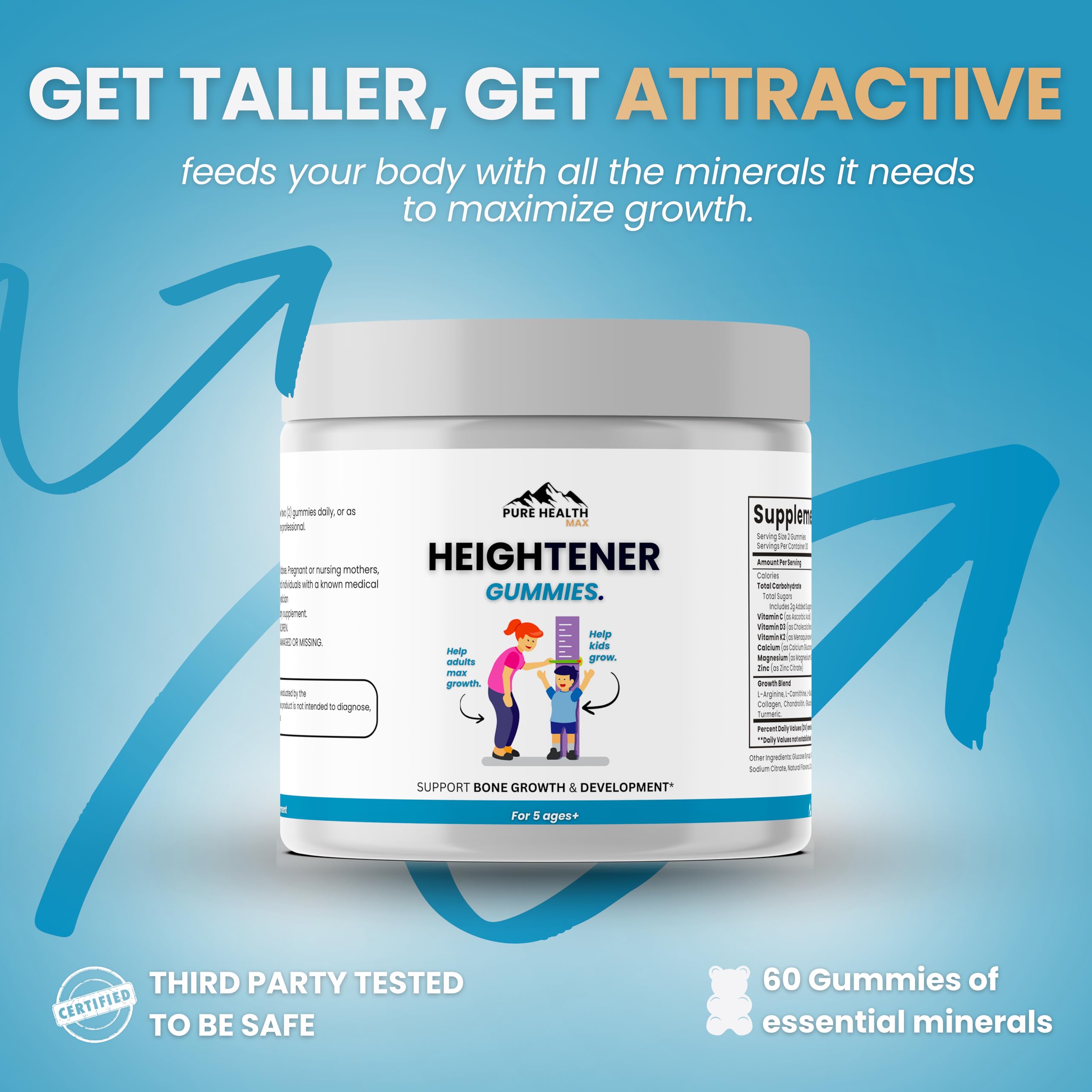 Pure Health Max Heightener Gummies nutrition label close view for informed use.