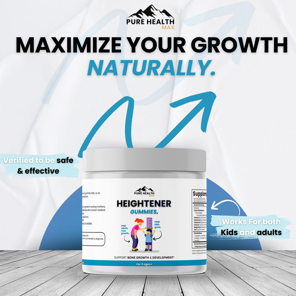 Pure Health Max Heightener Gummies convenient storage bottle on shelf.
