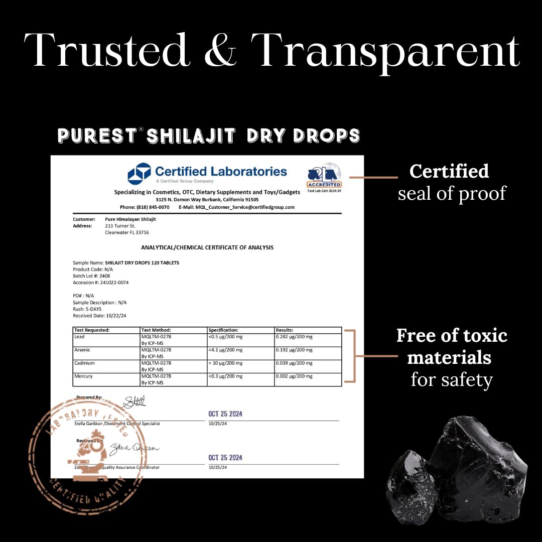 Pure Himalayan Shilajit Dry Drops label detail highlights purity and mineral richness.