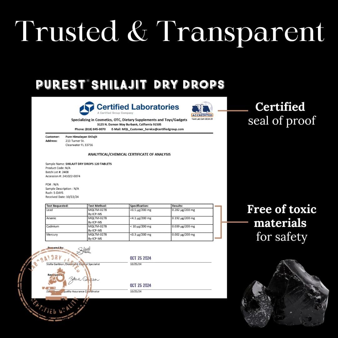 Label view of Pure Himalayan Shilajit Dry Drops with clear dosage information.