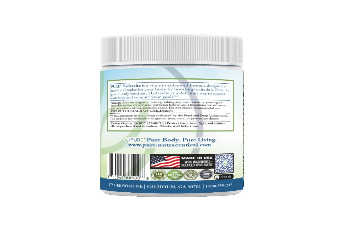 Scoop beside PURE Hydravite Powder tub, quick 5 g serving supports balanced hydration
