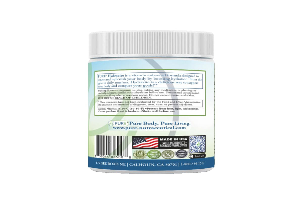 Scoop beside PURE Hydravite Powder tub, quick 5 g serving supports balanced hydration