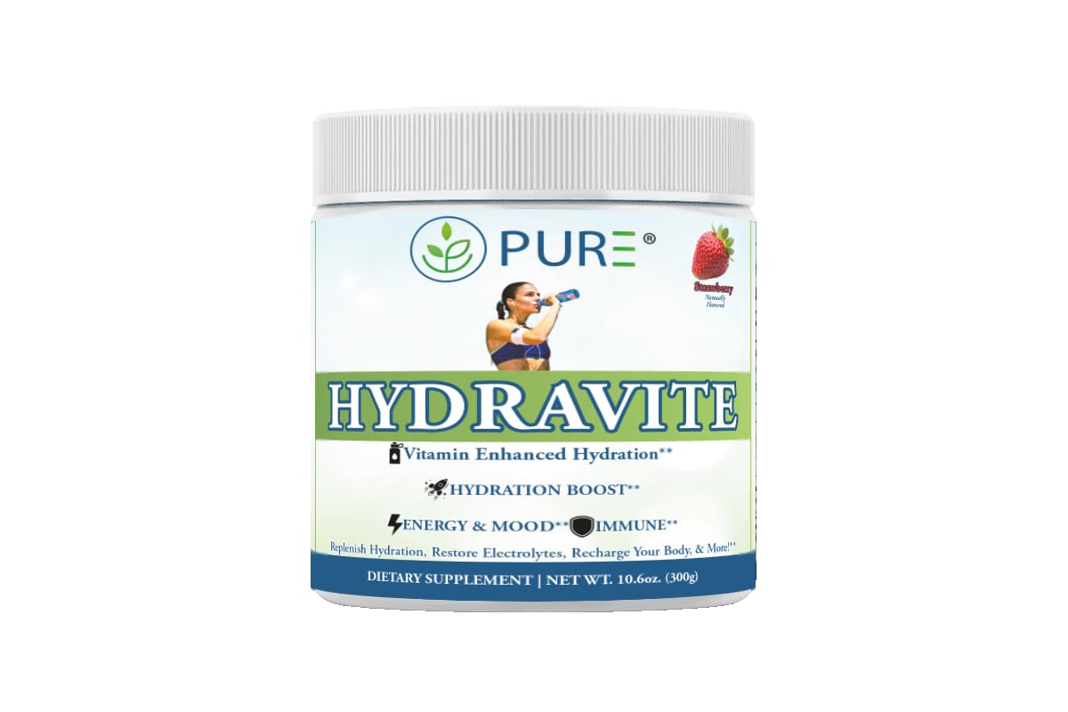 PURE Hydravite Powder strawberry tub, hydrates during workouts with electrolytes and vitamins