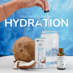 Pure Inventions Coconut Water Drops label highlights natural ingredients and zero calories