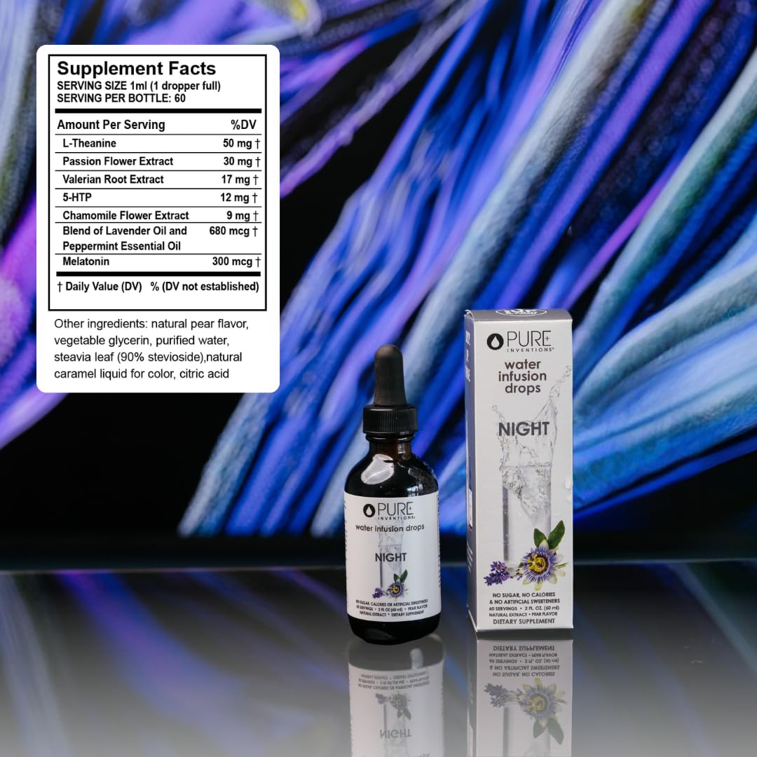 Pure Inventions Night label close-up emphasizing natural, caffeine-free formula