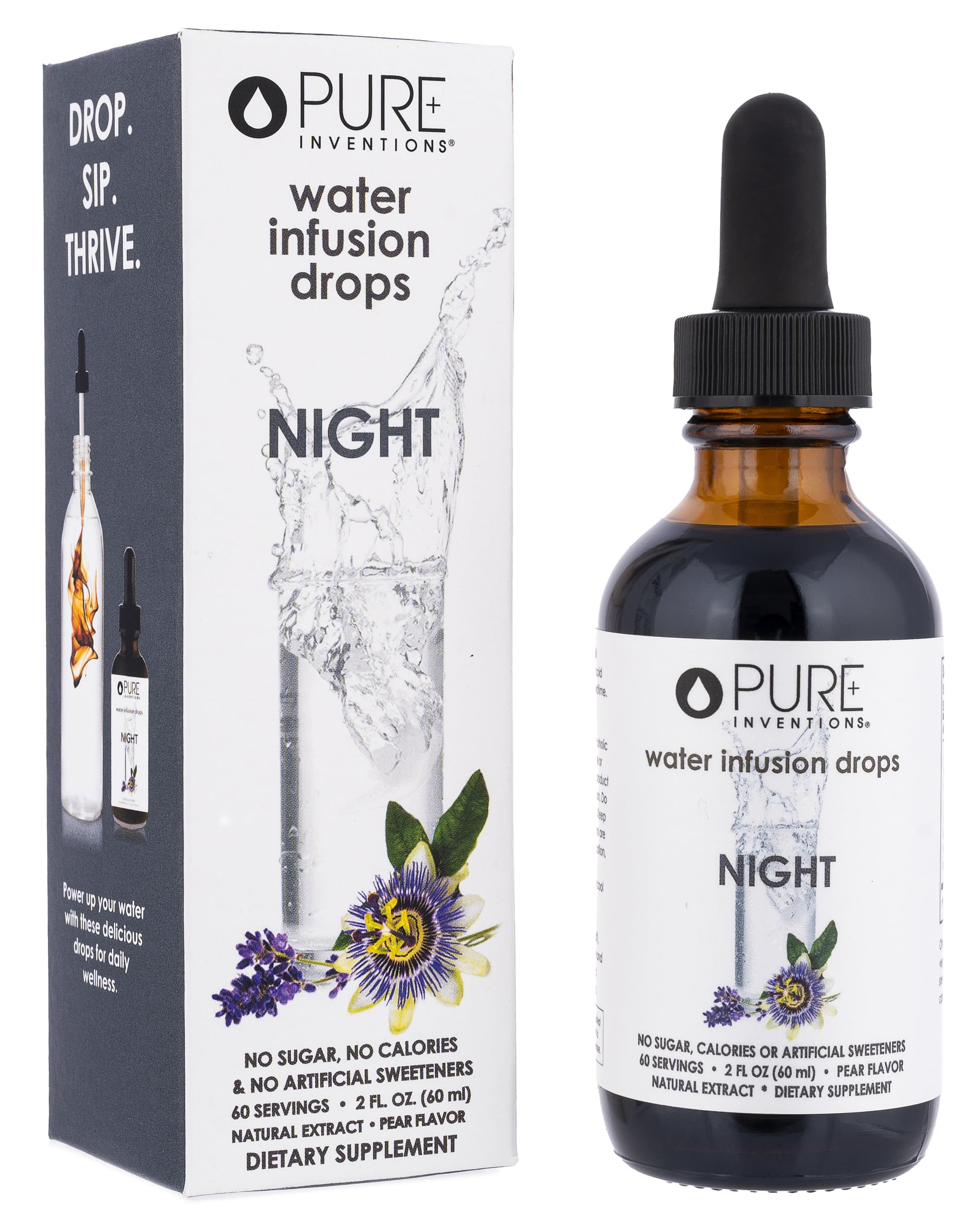 Pure Inventions Night bottle showing pear flavor and zero-calorie option