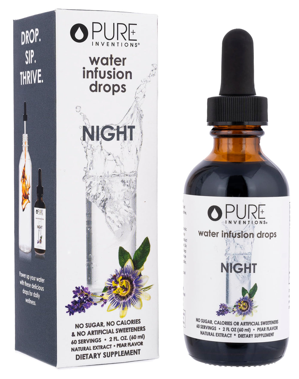 Pure Inventions Night bottle showing pear flavor and zero-calorie option