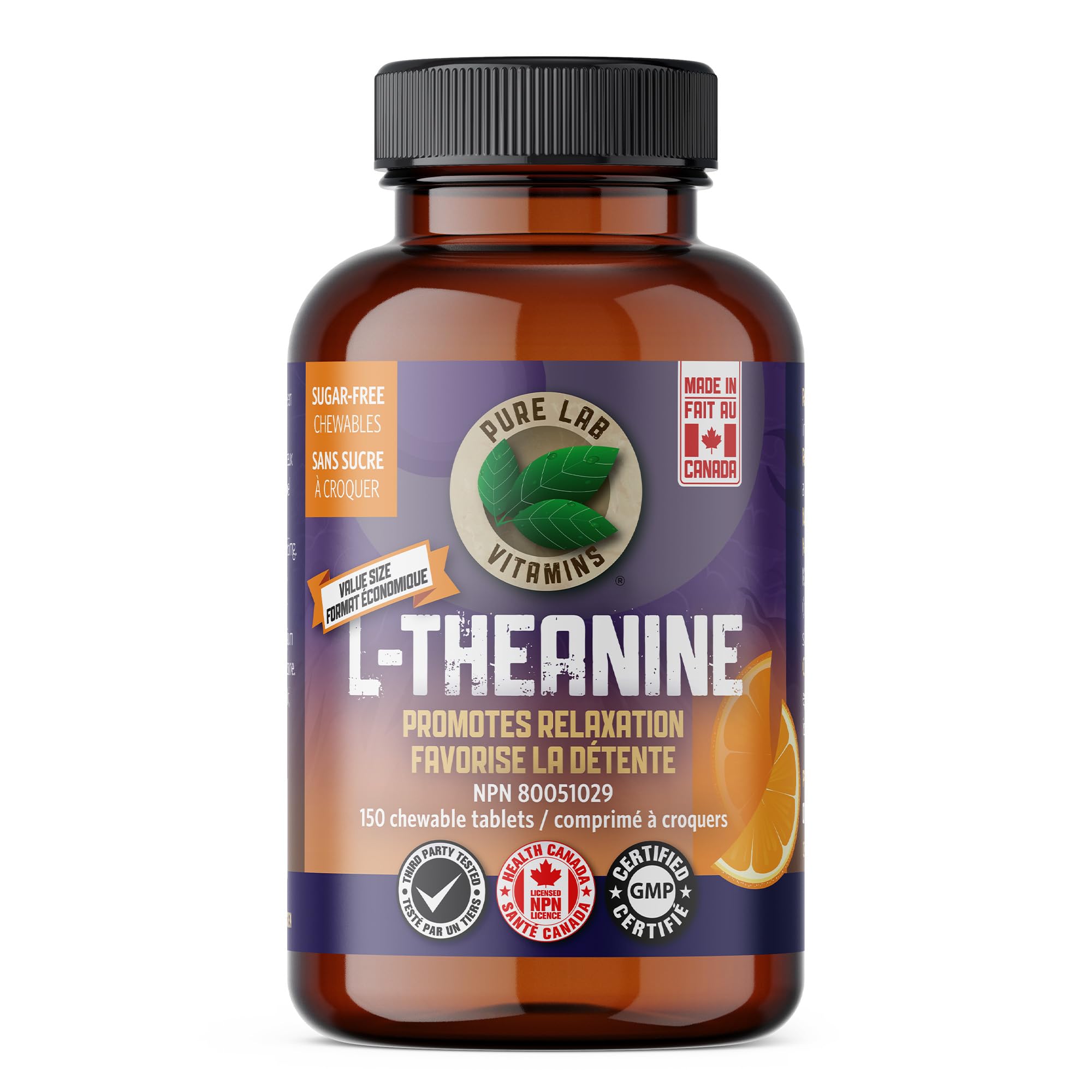 Pure Lab Vitamins L-Theanine 125mg bottle promoting calm focus.