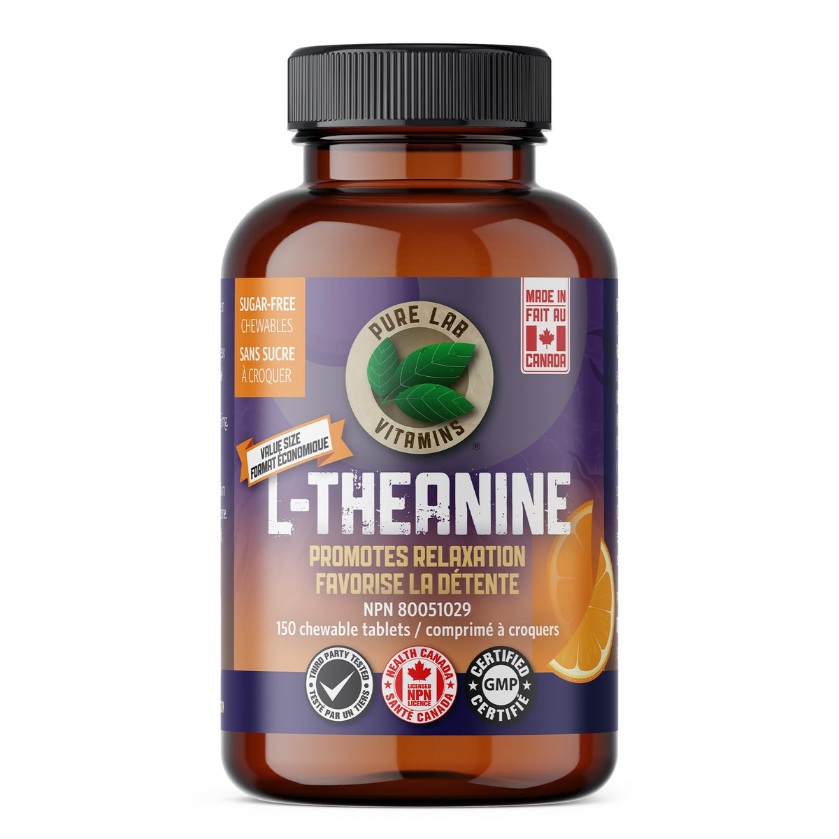 Pure Lab Vitamins L-Theanine 125mg bottle promoting calm focus.