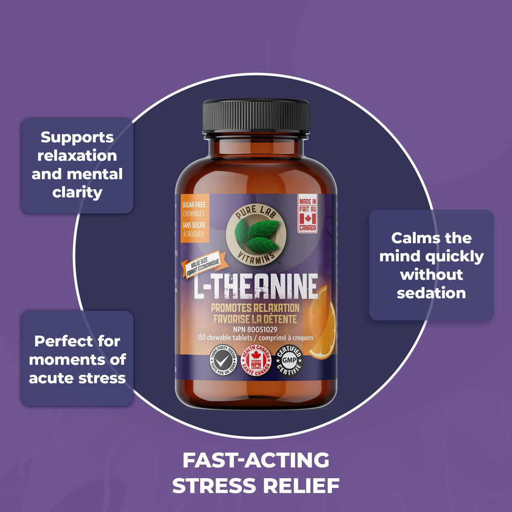 Pure Lab Vitamins L-Theanine chewables closeup for non-drowsy focus.