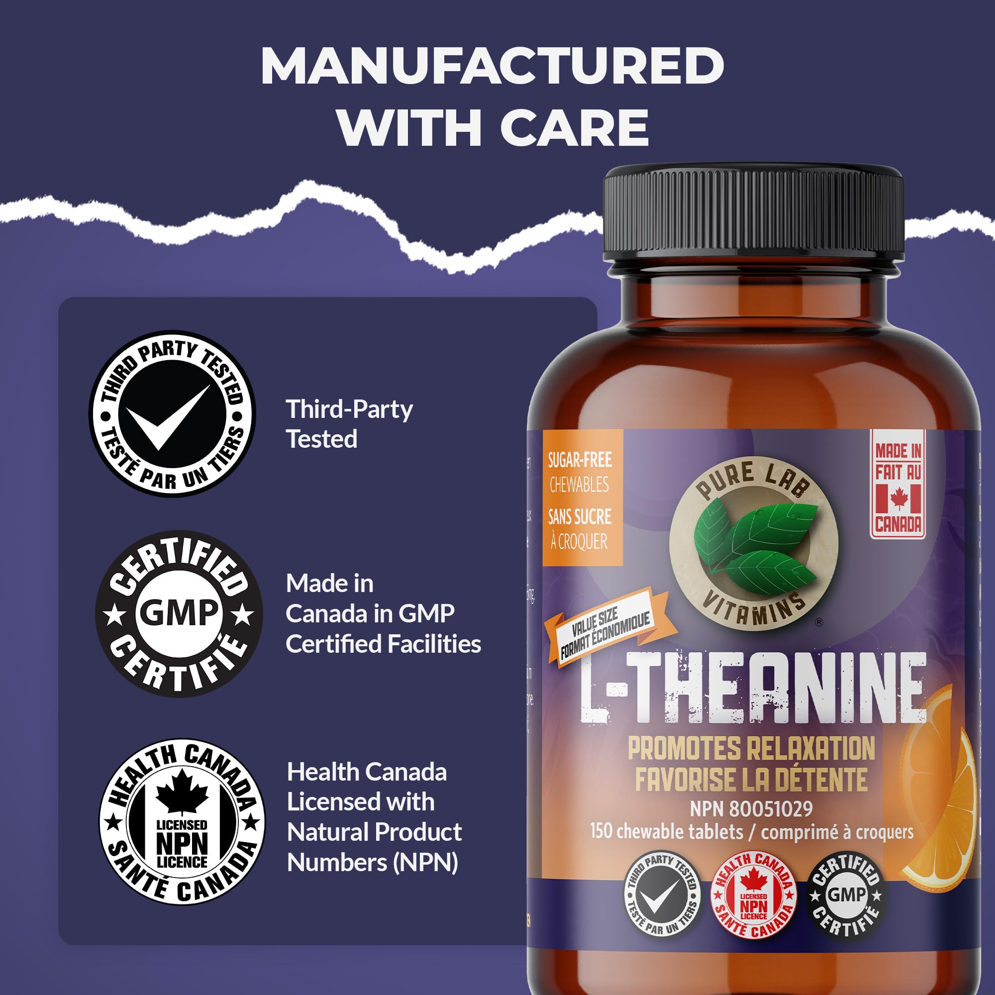 Ingredients label highlighting 125mg L-Theanine per tablet.