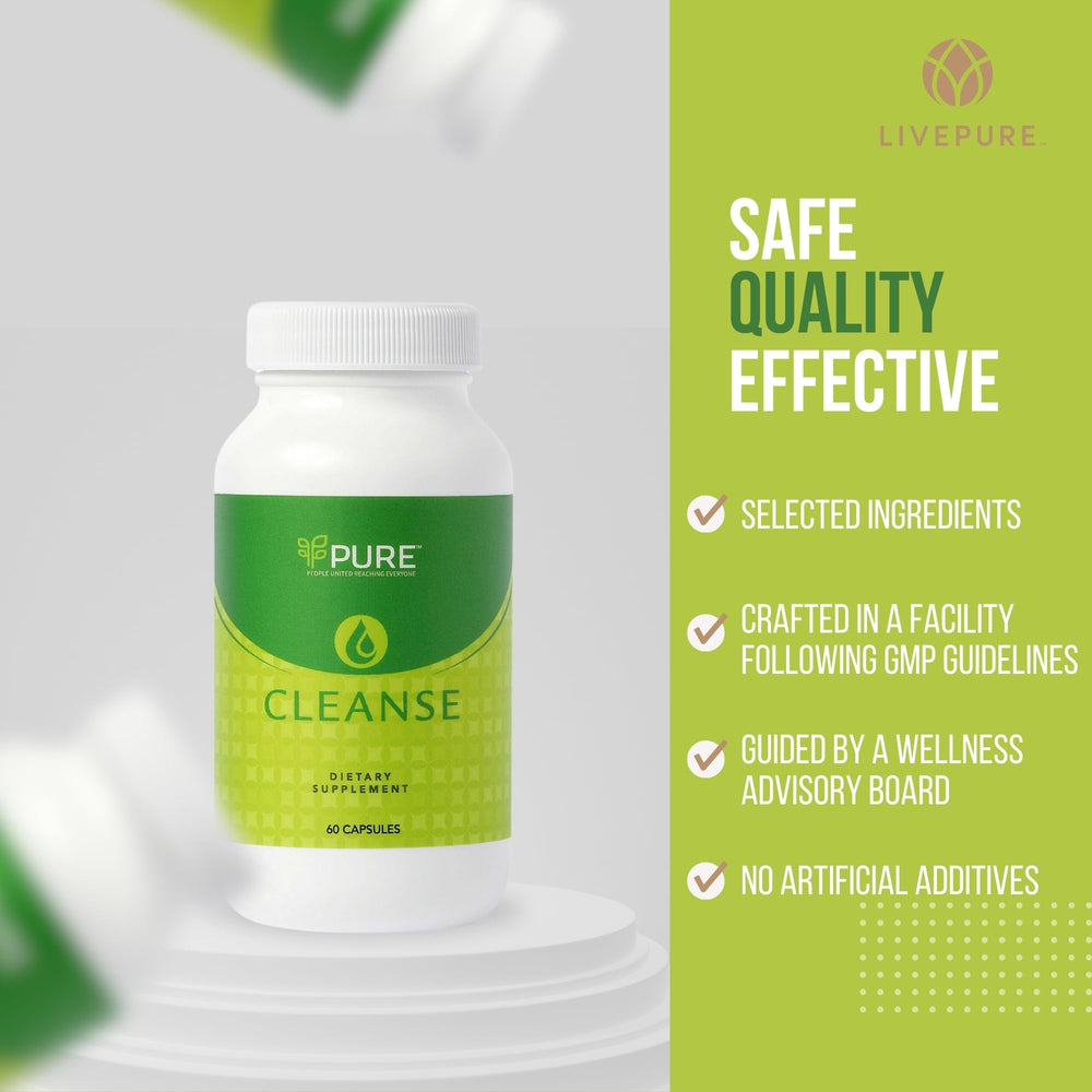 PURE Live Cleanse bottle with glass of water for daily hydration.