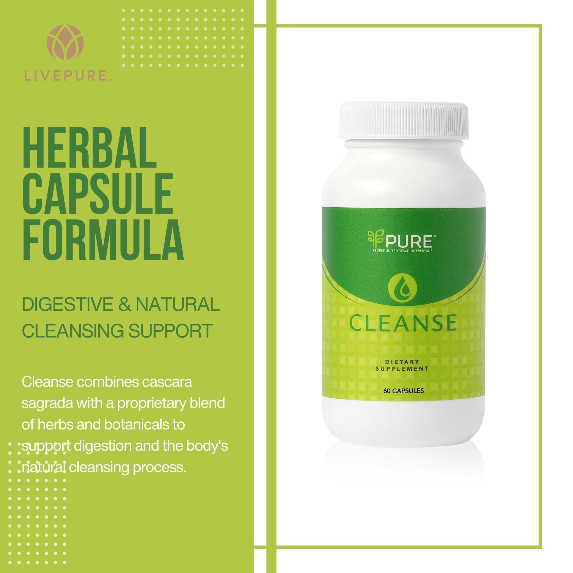 PURE Live Cleanse capsules close-up, vegan formula for digestion support.