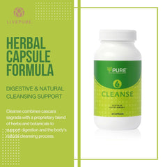 PURE Live Cleanse capsules close-up, vegan formula for digestion support.