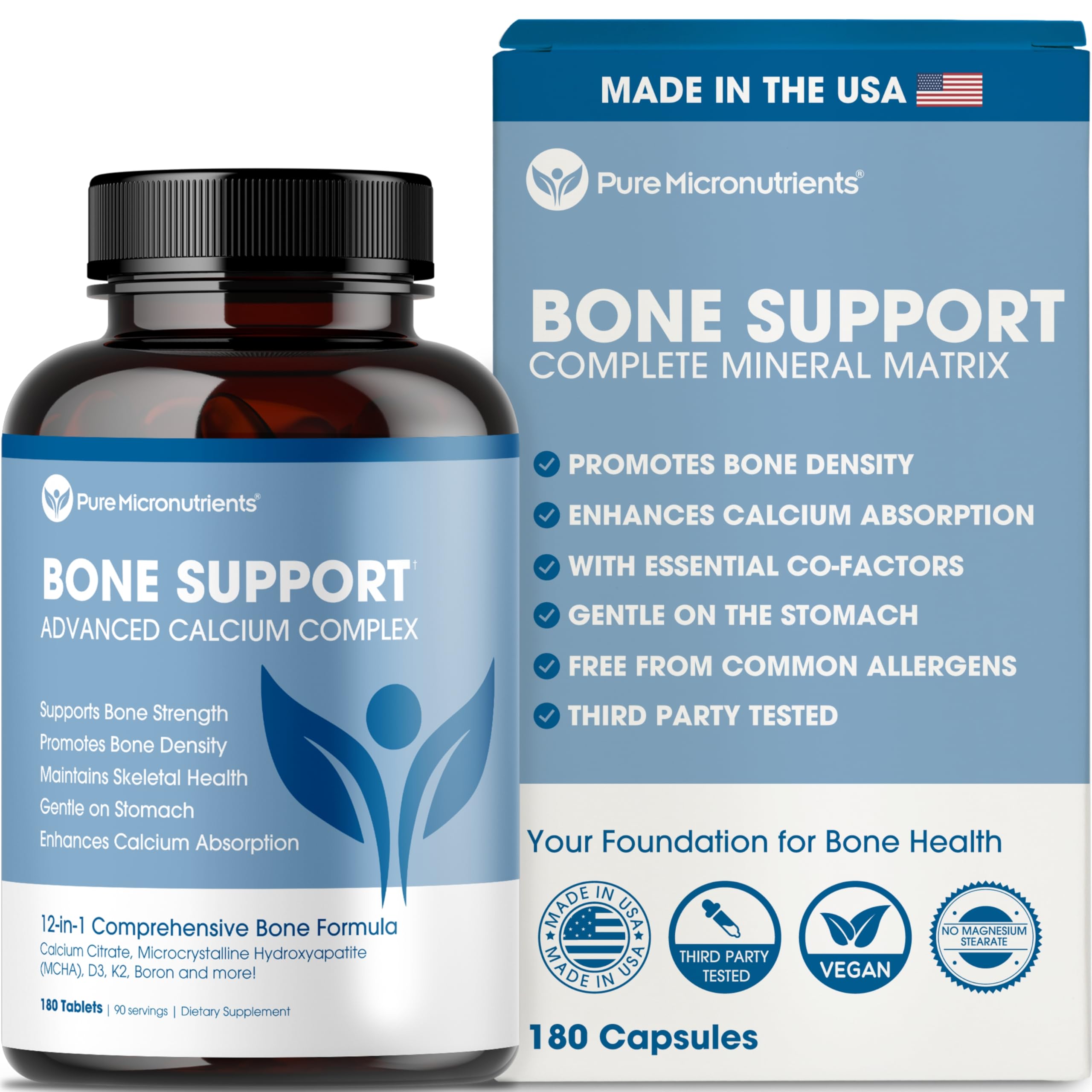 Pure Micronutrients bone-support bottle front view with easy-to-swallow tablets.