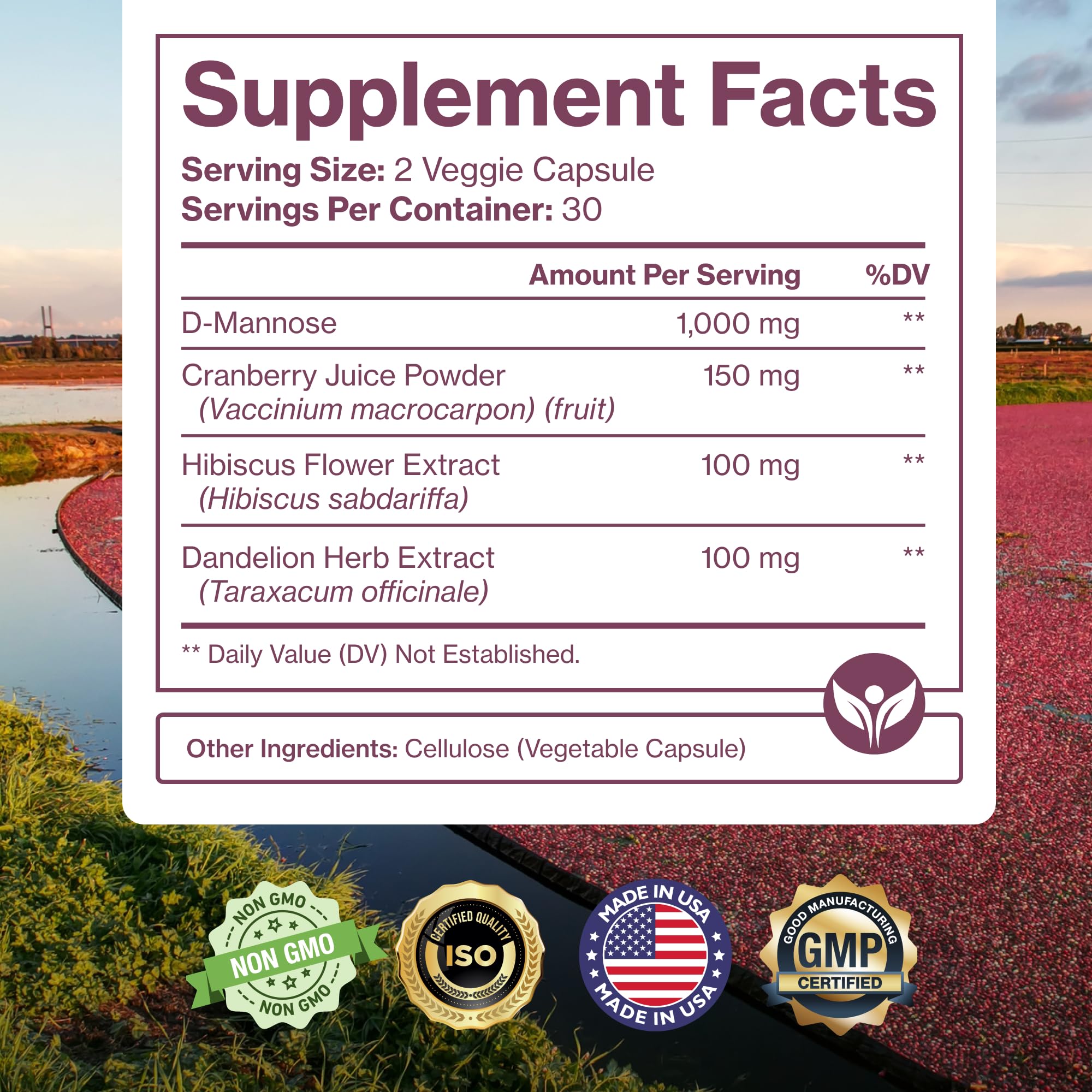 Pure Micronutrients D-Mannose capsules with water showing easy daily intake.