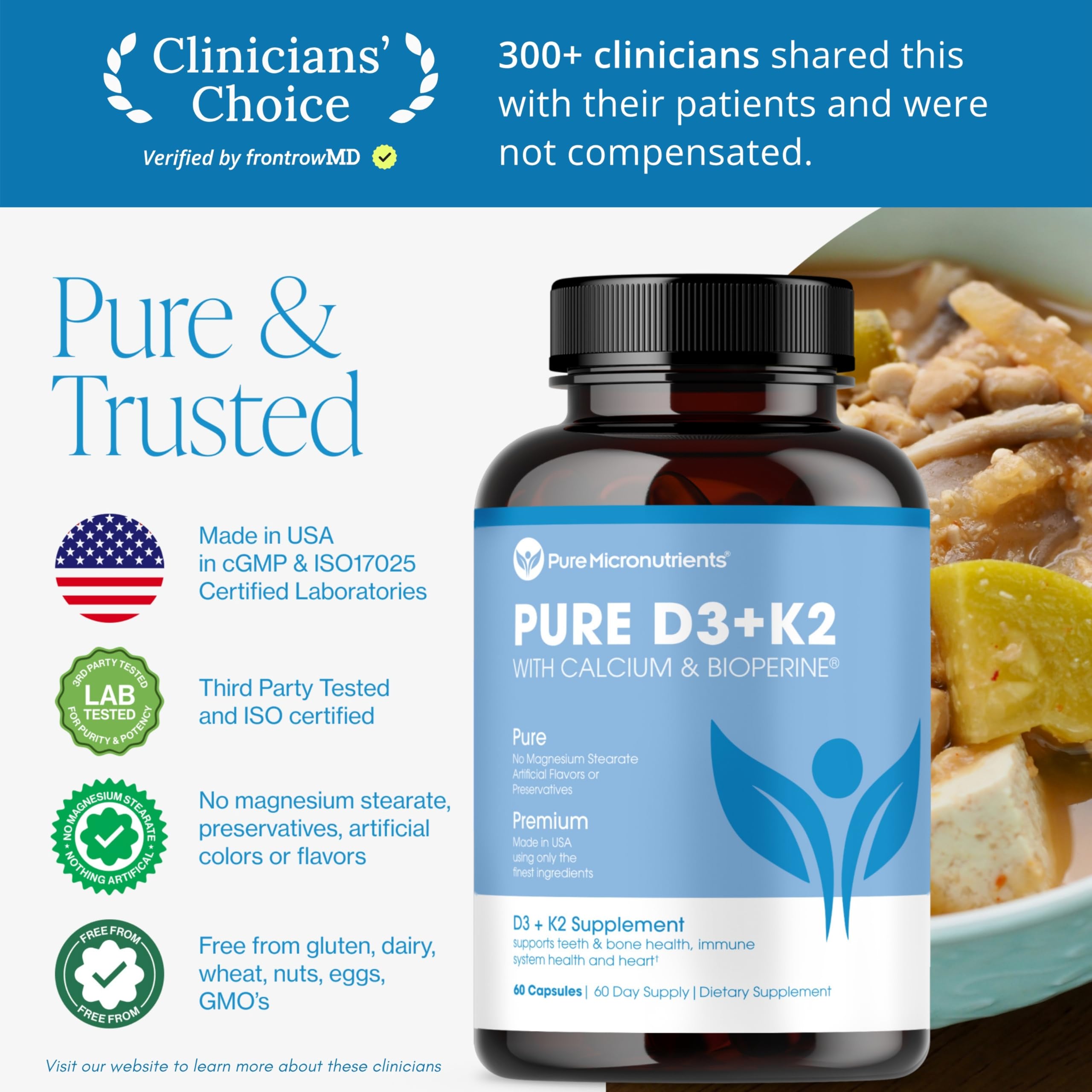 Pure Micronutrients D3K2 capsules packaging background suggesting daily wellness routine.
