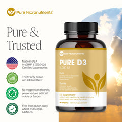 Close-up of Pure D3 softgel, easy to swallow with no aftertaste.