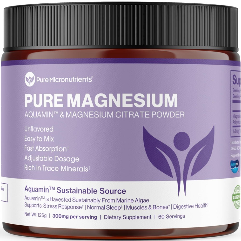 Pure Micronutrients magnesium citrate powder bottle for convenient daily use and sleep support.
